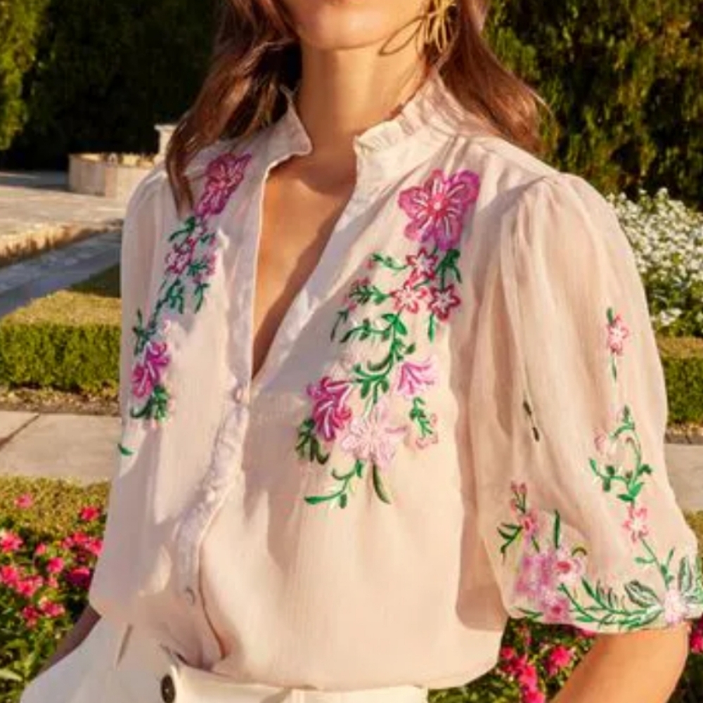 V&A Love & Roses Floral Embroidered Beaded Ruffle V Neck Blouse